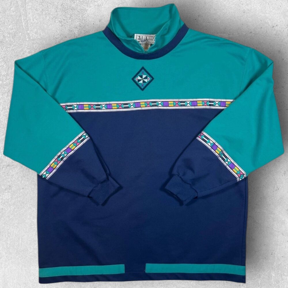 Vintage Gina Peters Womens Pullover Sweatshirt Retro 90s Size L Blue Navy Teal
